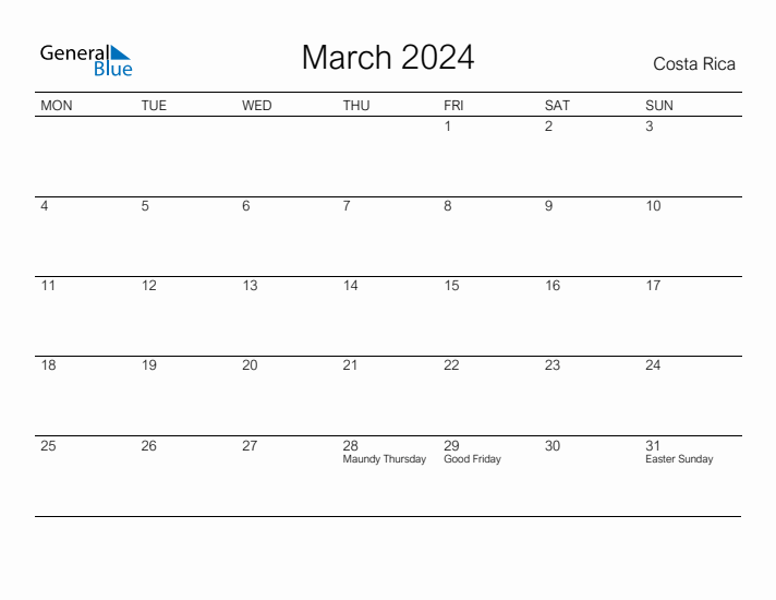 Printable March 2024 Calendar for Costa Rica