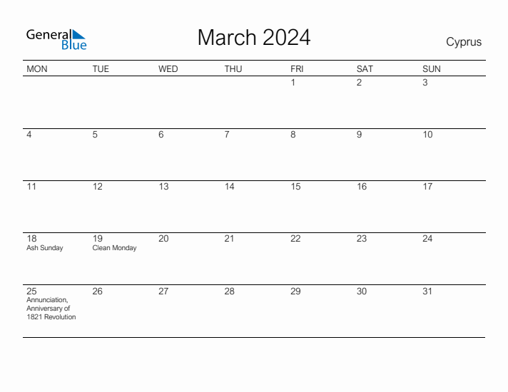 Printable March 2024 Calendar for Cyprus