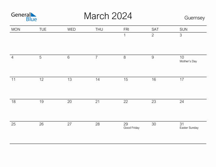 Printable March 2024 Calendar for Guernsey