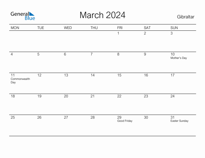Printable March 2024 Calendar for Gibraltar