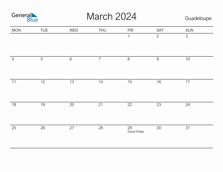 Printable March 2024 Calendar for Guadeloupe