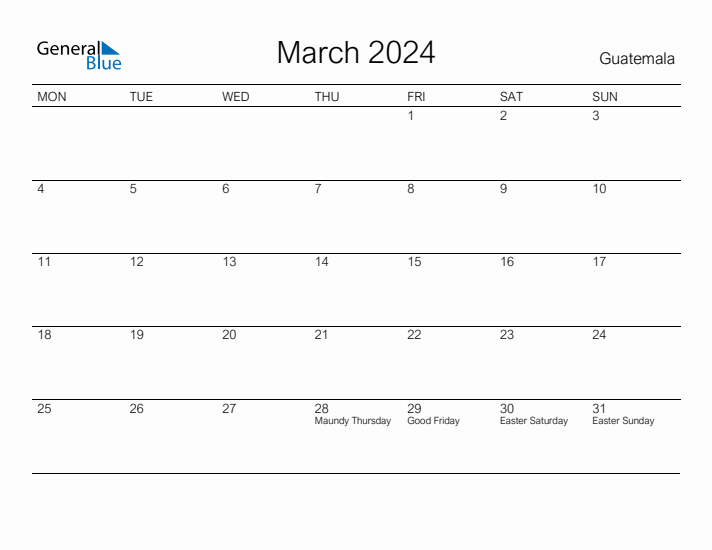 Printable March 2024 Calendar for Guatemala