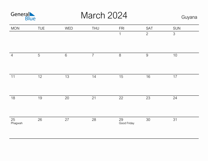 Printable March 2024 Calendar for Guyana