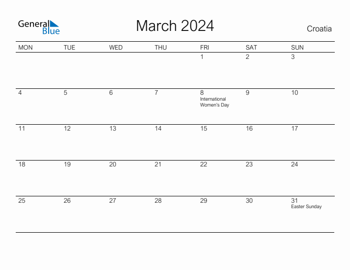 Printable March 2024 Monthly Calendar with Holidays for Croatia