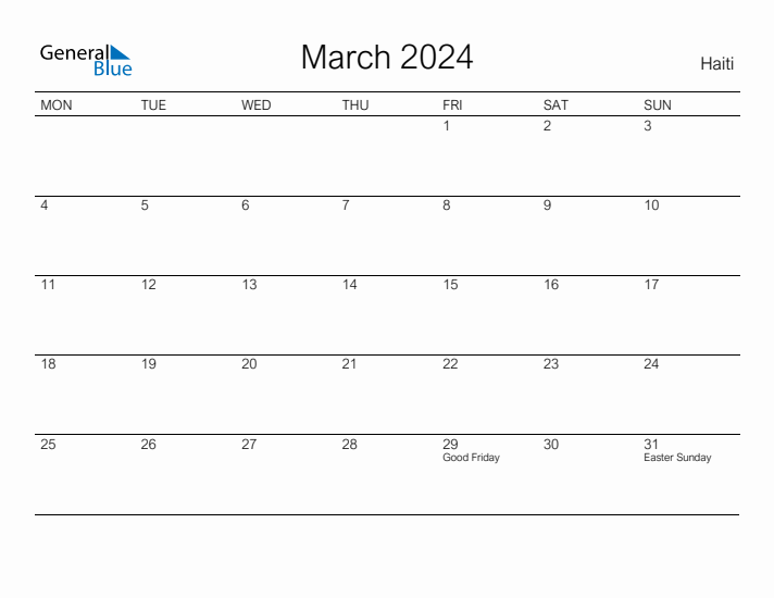 Printable March 2024 Calendar for Haiti