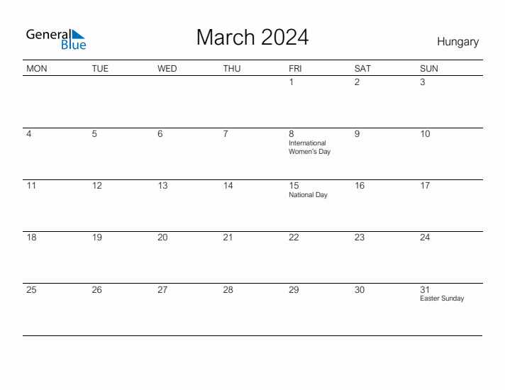 Printable March 2024 Calendar for Hungary