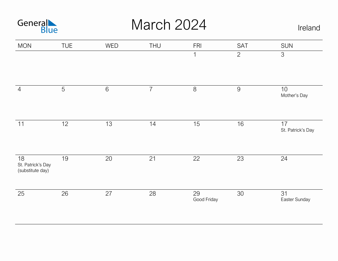 Printable March 2024 Monthly Calendar with Holidays for Ireland