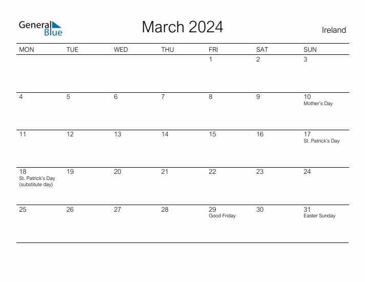 Printable March 2024 Calendar for Ireland