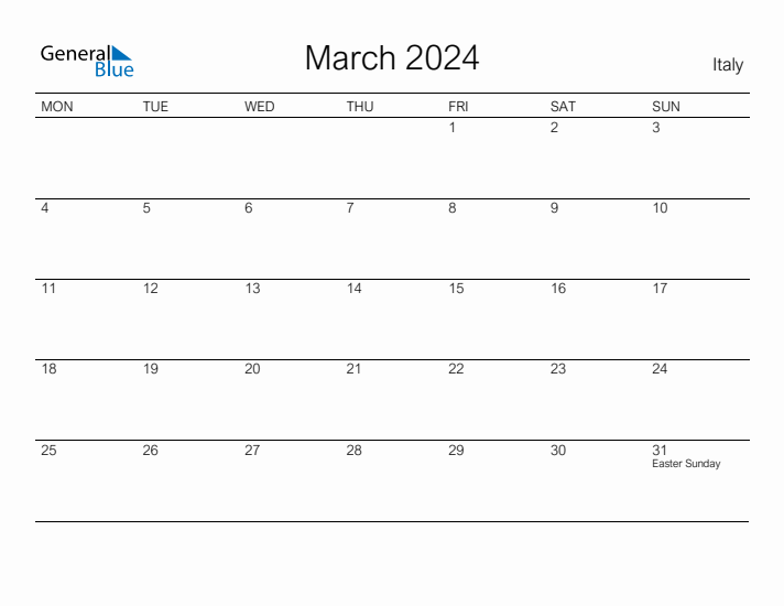 Printable March 2024 Calendar for Italy