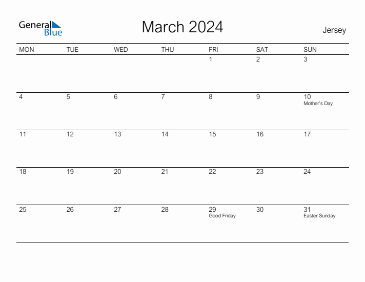 Printable March 2024 Calendar for Jersey