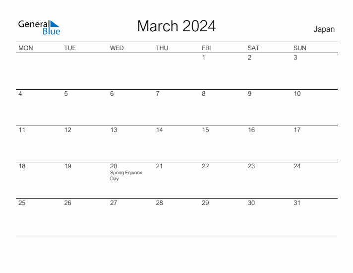 March 2024 Japan Monthly Calendar with Holidays