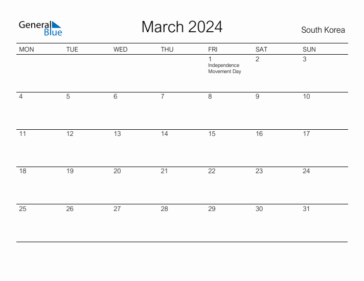 Printable March 2024 Calendar for South Korea