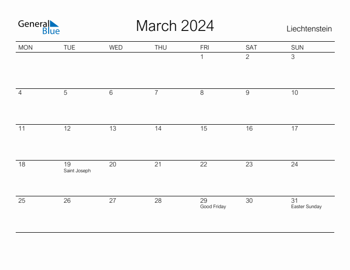 Printable March 2024 Calendar for Liechtenstein