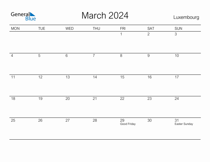 Printable March 2024 Calendar for Luxembourg