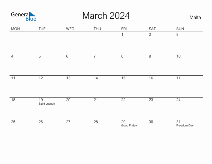 Printable March 2024 Calendar for Malta