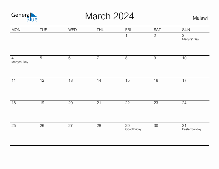 Printable March 2024 Calendar for Malawi