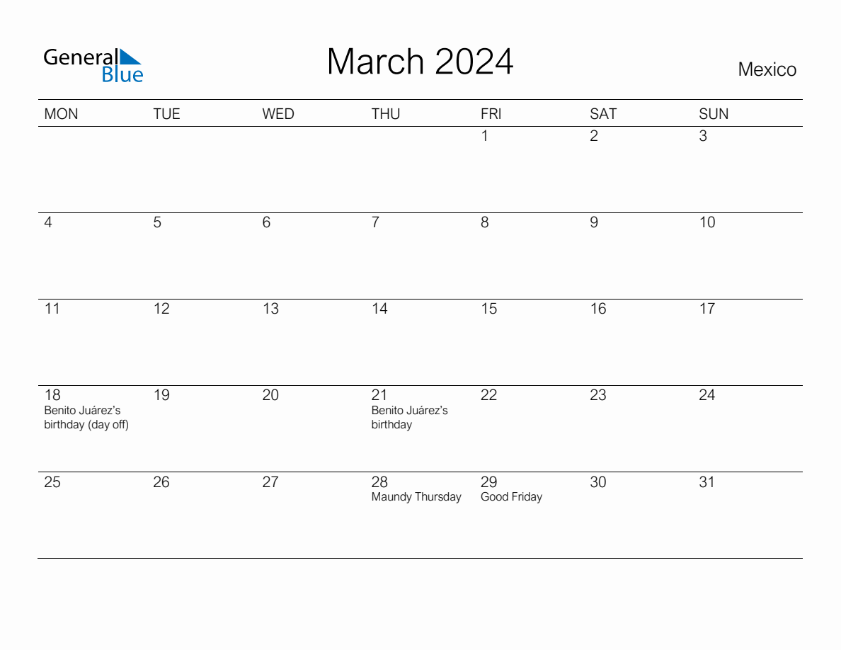 Printable March 2024 Monthly Calendar with Holidays for Mexico