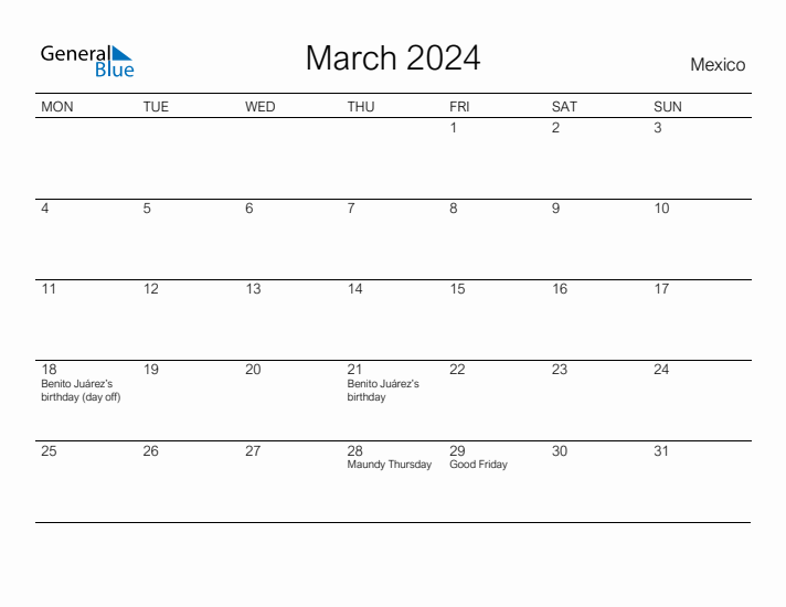 Printable March 2024 Calendar for Mexico