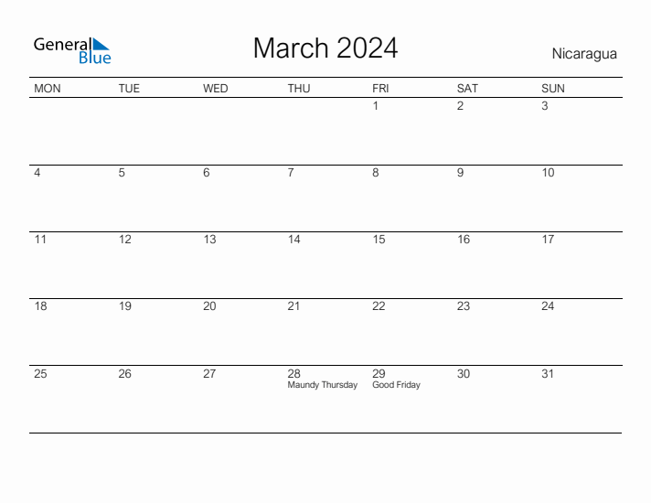 Printable March 2024 Calendar for Nicaragua