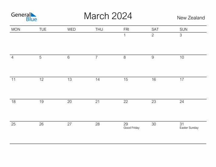 March 2024 New Zealand Monthly Calendar with Holidays