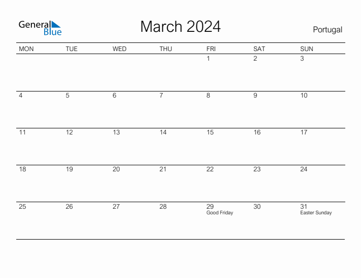 Printable March 2024 Calendar for Portugal