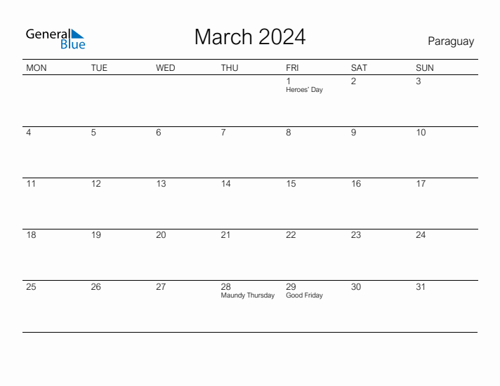 Printable March 2024 Calendar for Paraguay