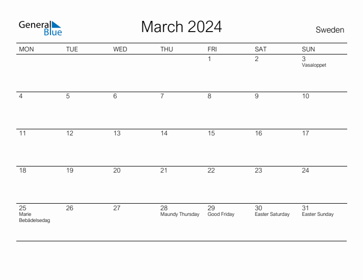 Printable March 2024 Calendar for Sweden