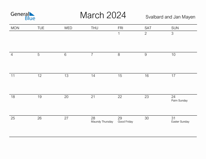 Printable March 2024 Calendar for Svalbard and Jan Mayen