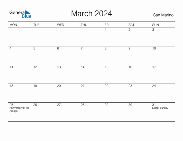 Printable March 2024 Calendar for San Marino