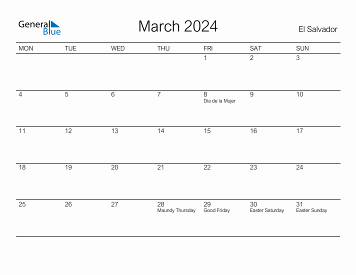 Printable March 2024 Calendar for El Salvador