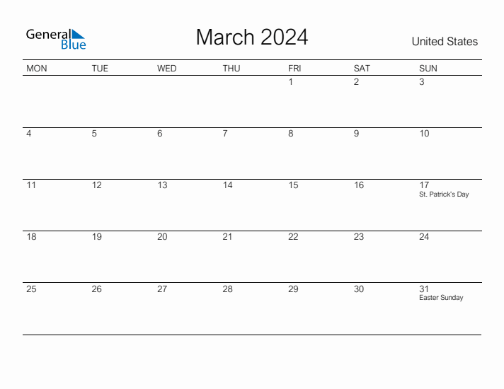 Printable March 2024 Calendar for United States