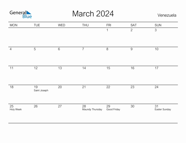 Printable March 2024 Calendar for Venezuela