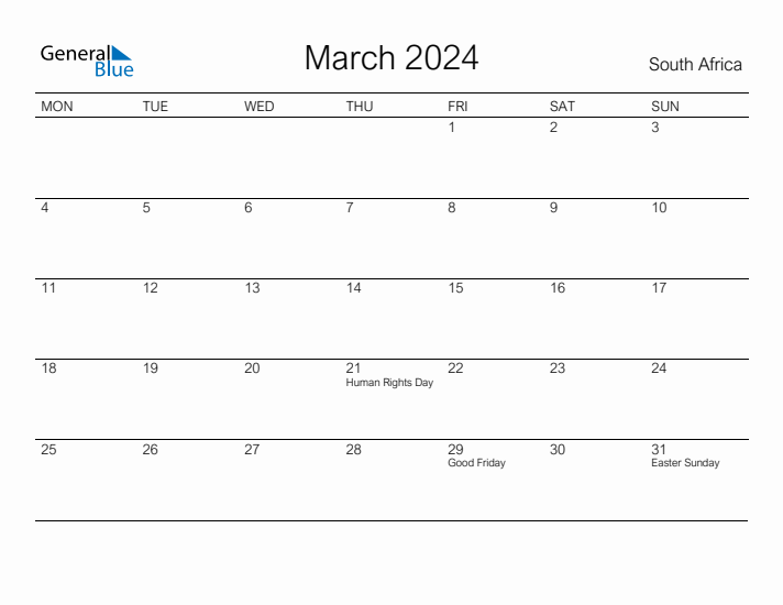 Printable March 2024 Monthly Calendar with Holidays for South Africa