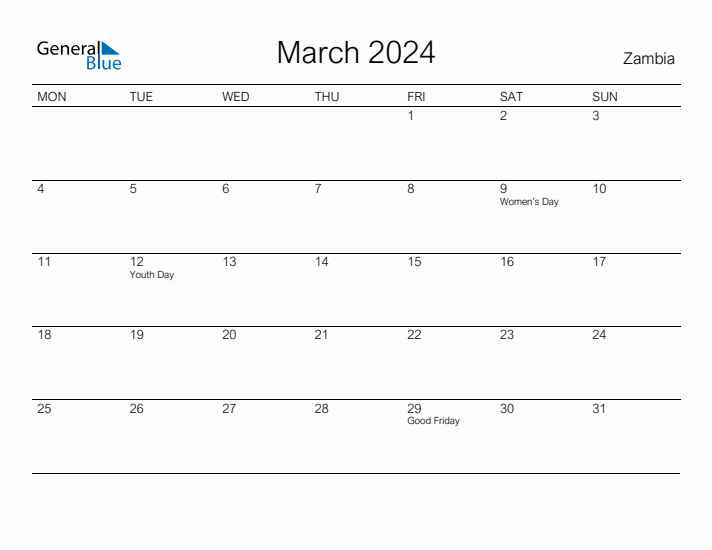 Printable March 2024 Calendar for Zambia