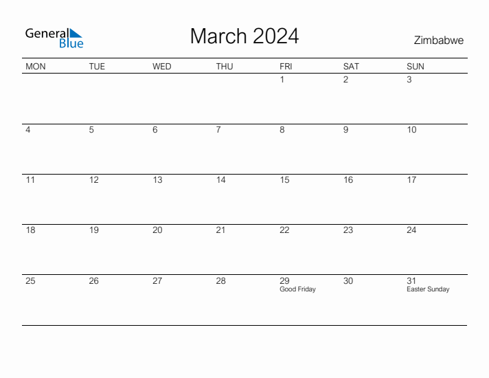Printable March 2024 Monthly Calendar with Holidays for Zimbabwe