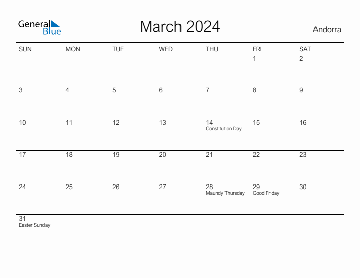 Printable March 2024 Calendar for Andorra