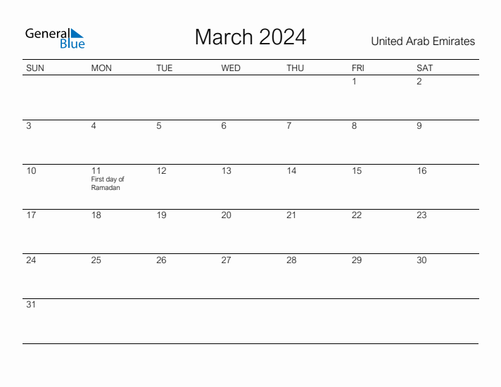Printable March 2024 Calendar for United Arab Emirates