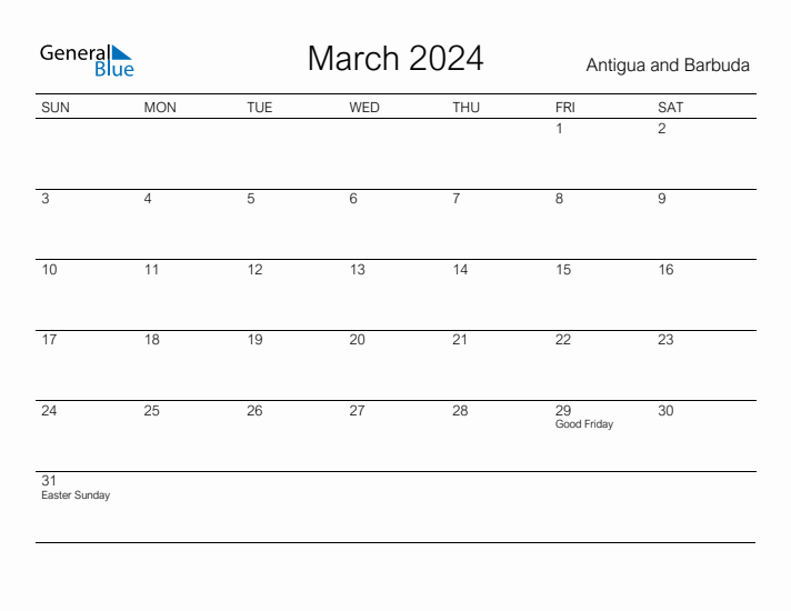 Printable March 2024 Calendar for Antigua and Barbuda