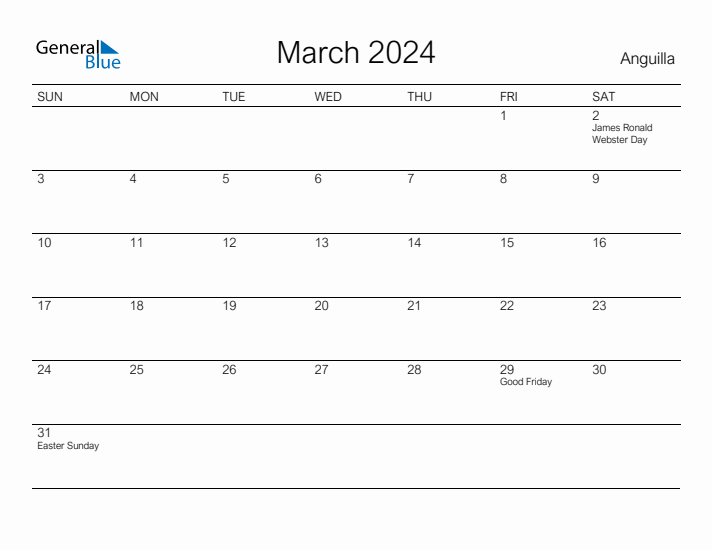 Printable March 2024 Calendar for Anguilla