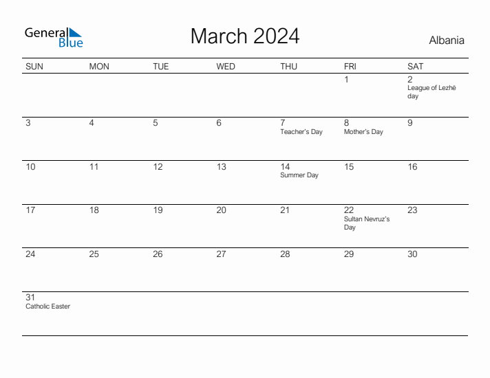 Printable March 2024 Calendar for Albania