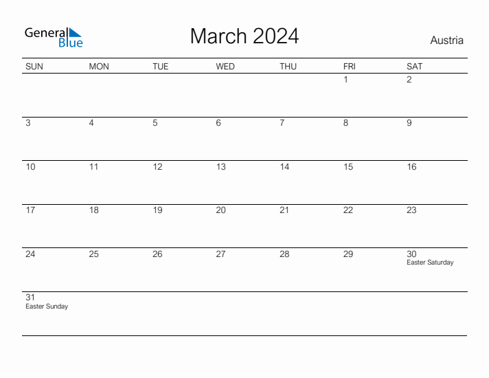 Printable March 2024 Calendar for Austria