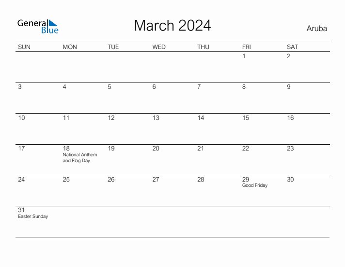 Printable March 2024 Monthly Calendar with Holidays for Aruba