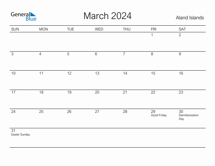 Printable March 2024 Calendar for Aland Islands