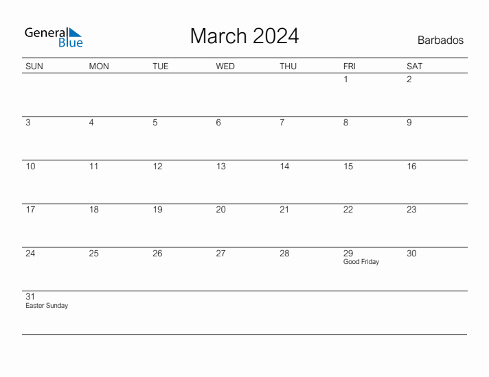March 2024 Monthly Calendar with Barbados Holidays
