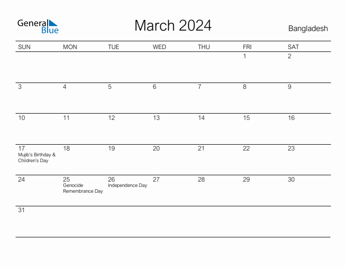 Printable March 2024 Calendar for Bangladesh