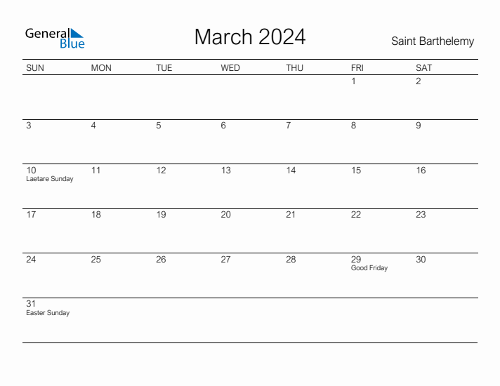 Printable March 2024 Calendar for Saint Barthelemy