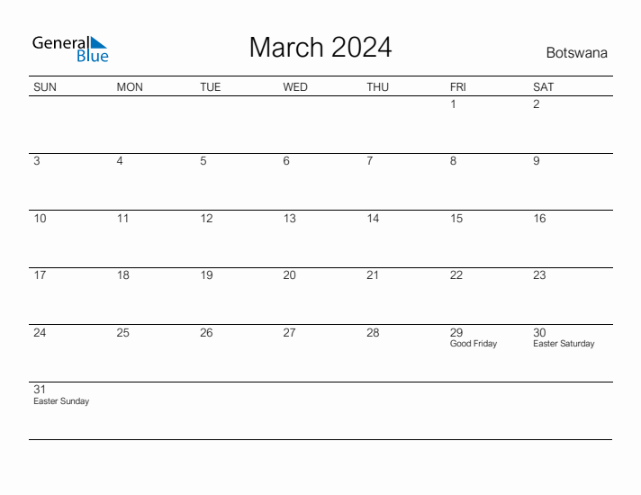 Printable March 2024 Calendar for Botswana