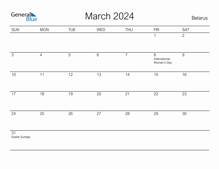 Printable March 2024 Calendar for Belarus