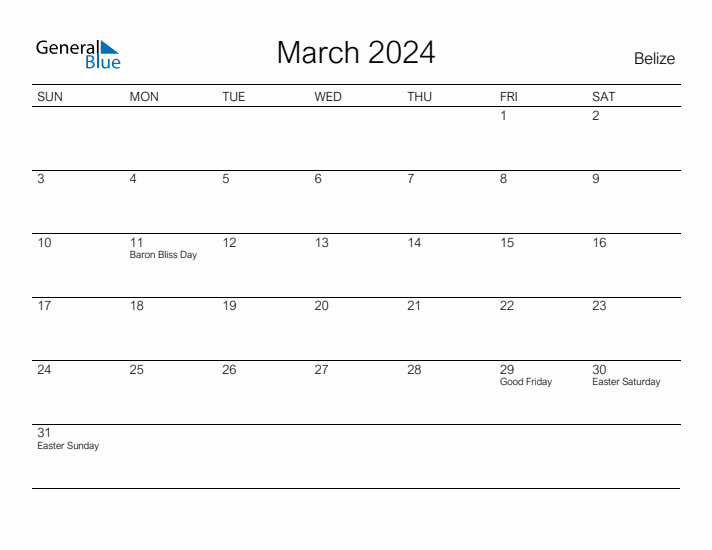Printable March 2024 Calendar for Belize