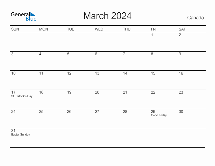 Printable March 2024 Calendar for Canada